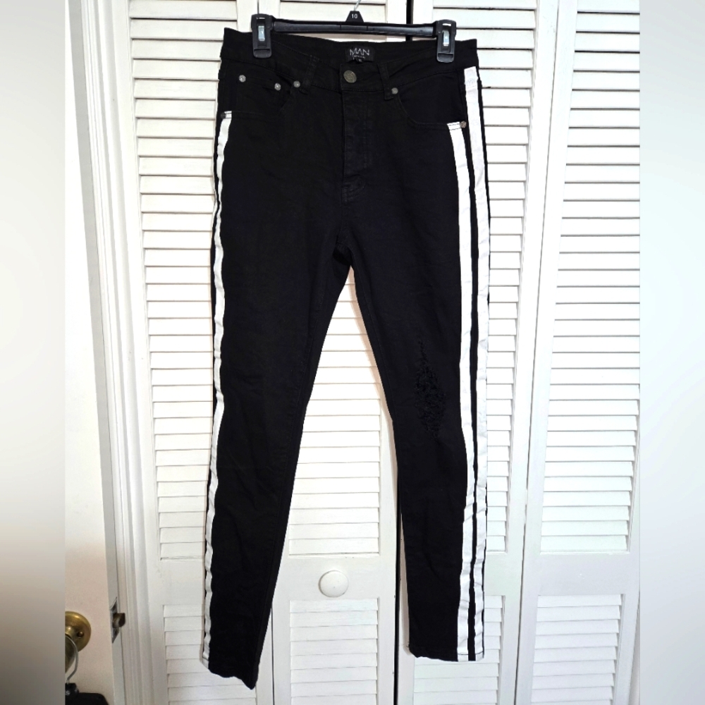 Boohoo Man Men's 32 R Black Jeans with White Stripes